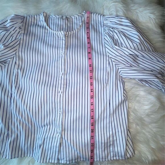 Madewell Women's 3/4 Puff Sleeve Button Up Striped Top Blue Size 14 Large Casual - Picture 10 of 11